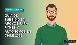 Ilustración vectorial plana de un trabajador remoto masculino con suéter verde junto a un escritorio moderno, sobre fondo degradado azul verdoso. Guía de subsidios para pymes y autónomos en Chile.