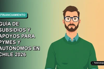 Ilustración vectorial plana de un trabajador remoto masculino con suéter verde junto a un escritorio moderno, sobre fondo degradado azul verdoso. Guía de subsidios para pymes y autónomos en Chile.