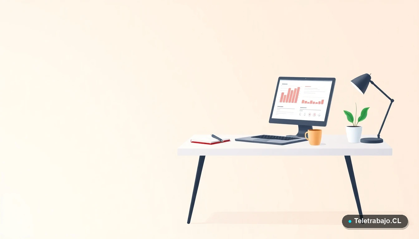 Escritorio de trabajo moderno y minimalista con laptop, planta y gráficos abstractos en pantalla, sobre fondo degradado color menta. Representación de oficina para pymes y emprendedores.