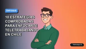 Ilustración vectorial plana de un trabajador remoto chileno sonriendo, con fondo degradado azul y naranja, representando la concentración en el teletrabajo.