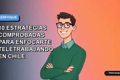 Ilustración vectorial plana de un trabajador remoto chileno sonriendo, con fondo degradado azul y naranja, representando la concentración en el teletrabajo.