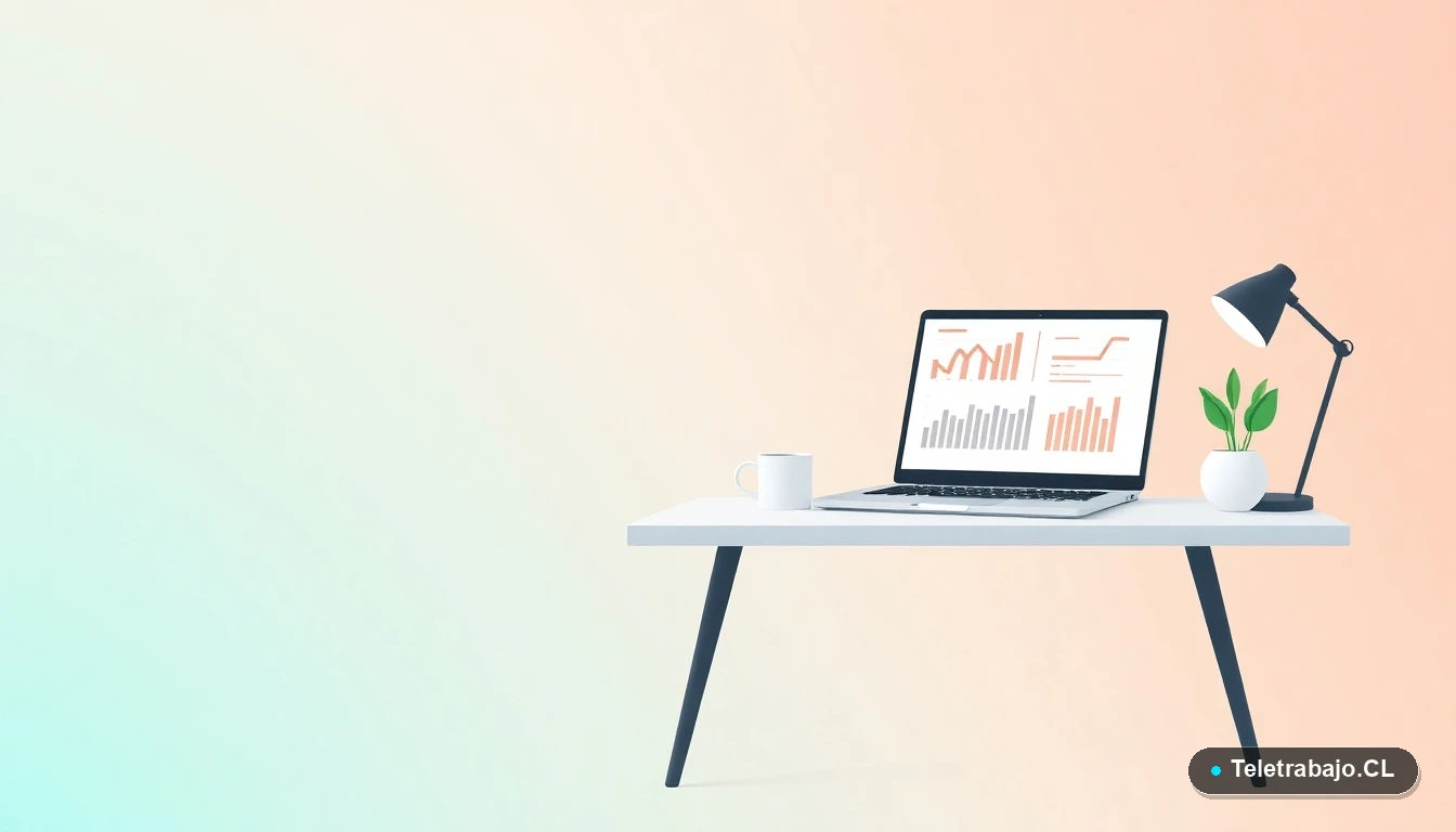 Escritorio moderno minimalista para teletrabajo con laptop, taza de café y planta, sobre fondo degradado en tonos menta y verde azulado.