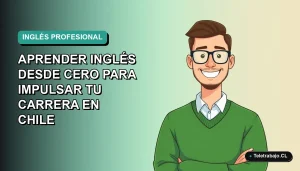 Ilustración plana vectorial de un trabajador chileno sonriendo con suéter verde, sobre fondo degradado azul verdoso, representando el aprendizaje de inglés para el crecimiento laboral.
