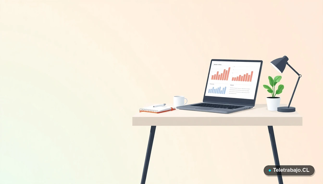 Escritorio moderno minimalista con laptop, gráficos abstractos, taza de café y planta, sobre fondo degradado menta, simbolizando productividad y aprendizaje profesional.