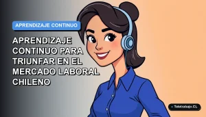 Ilustración plana vectorial de una mujer profesional chilena con blusa azul, sonriendo, sobre fondo degradado azul y blanco. Concepto de aprendizaje continuo y éxito laboral.