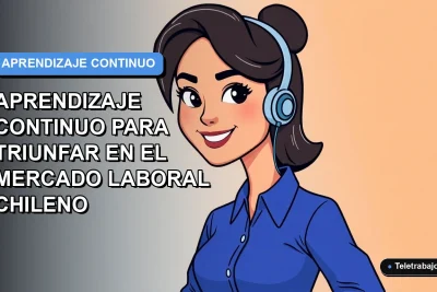 Ilustración plana vectorial de una mujer profesional chilena con blusa azul, sonriendo, sobre fondo degradado azul y blanco. Concepto de aprendizaje continuo y éxito laboral.
