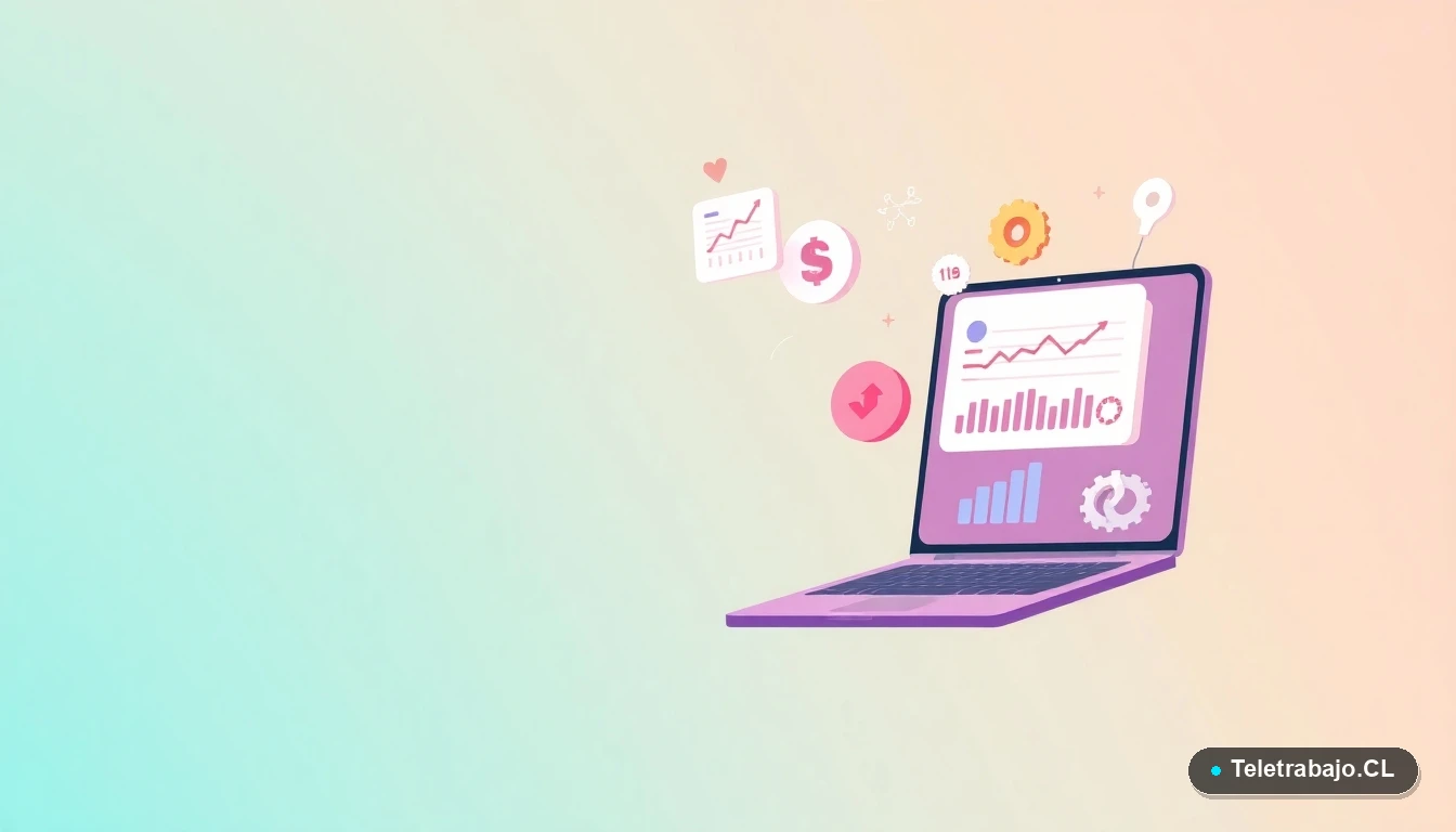 Interfaz de usuario abstracta con gráficos flotantes, íconos de engranaje y una pantalla de laptop mostrando una hoja de cálculo, representando el análisis de TIR y VAN en Excel.