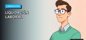 Ilustración vectorial plana de estilo moderno de un trabajador masculino calculando su liquidación y seguro de cesantía en una computadora. Fondo con gradiente azul.