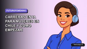 Ilustración vectorial plana de una mujer chilena profesional sonriente, con blusa azul y pelo corto, sobre un fondo degradado suave. Representa oportunidades en inteligencia artificial para mujeres.