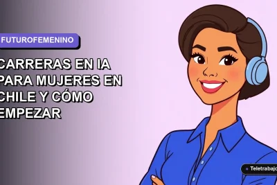 Ilustración vectorial plana de una mujer chilena profesional sonriente, con blusa azul y pelo corto, sobre un fondo degradado suave. Representa oportunidades en inteligencia artificial para mujeres.