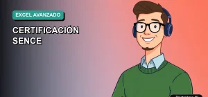 Ilustración vectorial plana de un trabajador masculino de estilo Corporate Memphis, con suéter verde, sonriendo, sobre un fondo degradado azul verdoso. Representa la capacitación profesional en Excel.