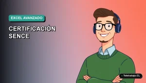 Ilustración vectorial plana de un trabajador masculino de estilo Corporate Memphis, con suéter verde, sonriendo, sobre un fondo degradado azul verdoso. Representa la capacitación profesional en Excel.