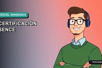 Ilustración vectorial plana de un trabajador masculino de estilo Corporate Memphis, con suéter verde, sonriendo, sobre un fondo degradado azul verdoso. Representa la capacitación profesional en Excel.
