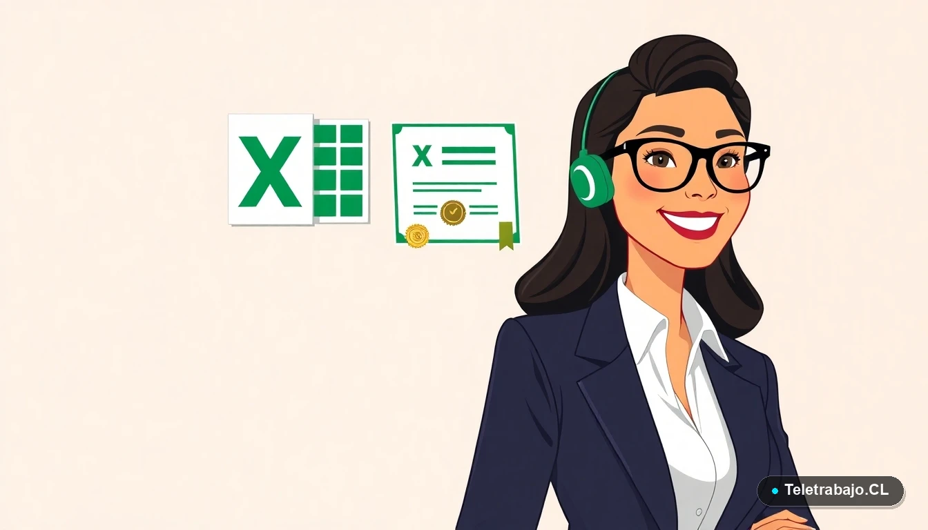 Profesional chilena obteniendo certificado de Excel Avanzado SENCE 2026, ilustración plana moderna.