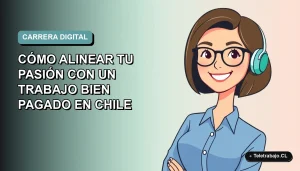 Ilustración plana de mujer profesional chilena sonriente con blusa azul, sobre fondo degradado suave, representando la alineación entre vocación y empleo bien remunerado.