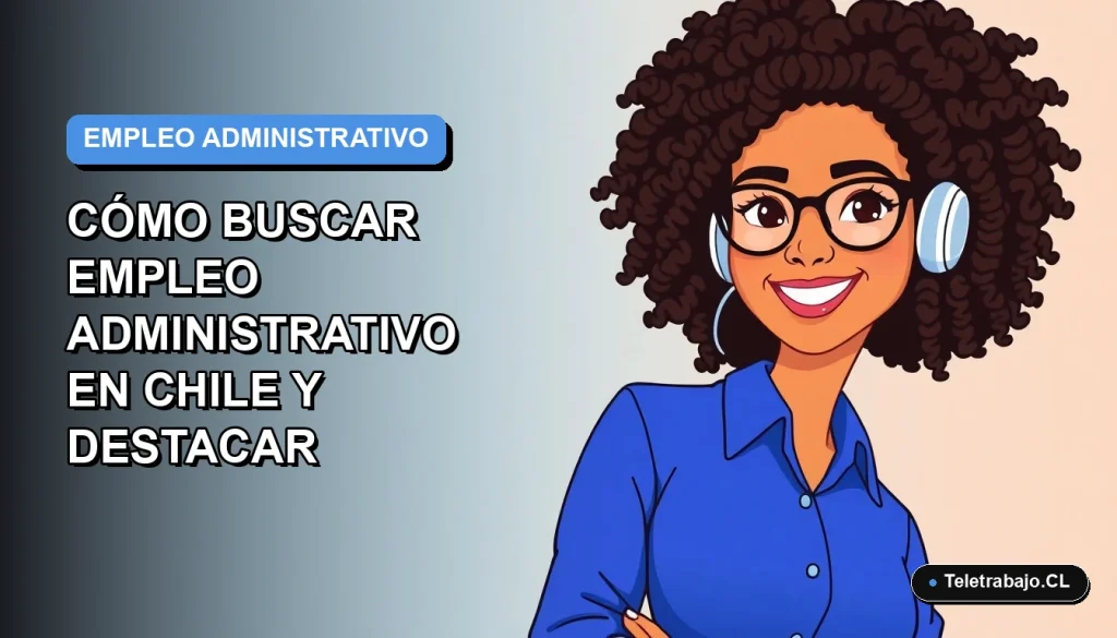 Ilustración vectorial plana de una mujer profesional chilena sonriente, con blusa azul y lentes, sobre fondo degradado azul y blanco. Representa la búsqueda de trabajo administrativo.