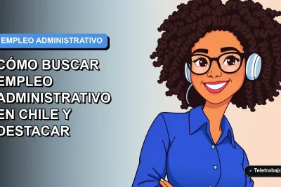 Ilustración vectorial plana de una mujer profesional chilena sonriente, con blusa azul y lentes, sobre fondo degradado azul y blanco. Representa la búsqueda de trabajo administrativo.