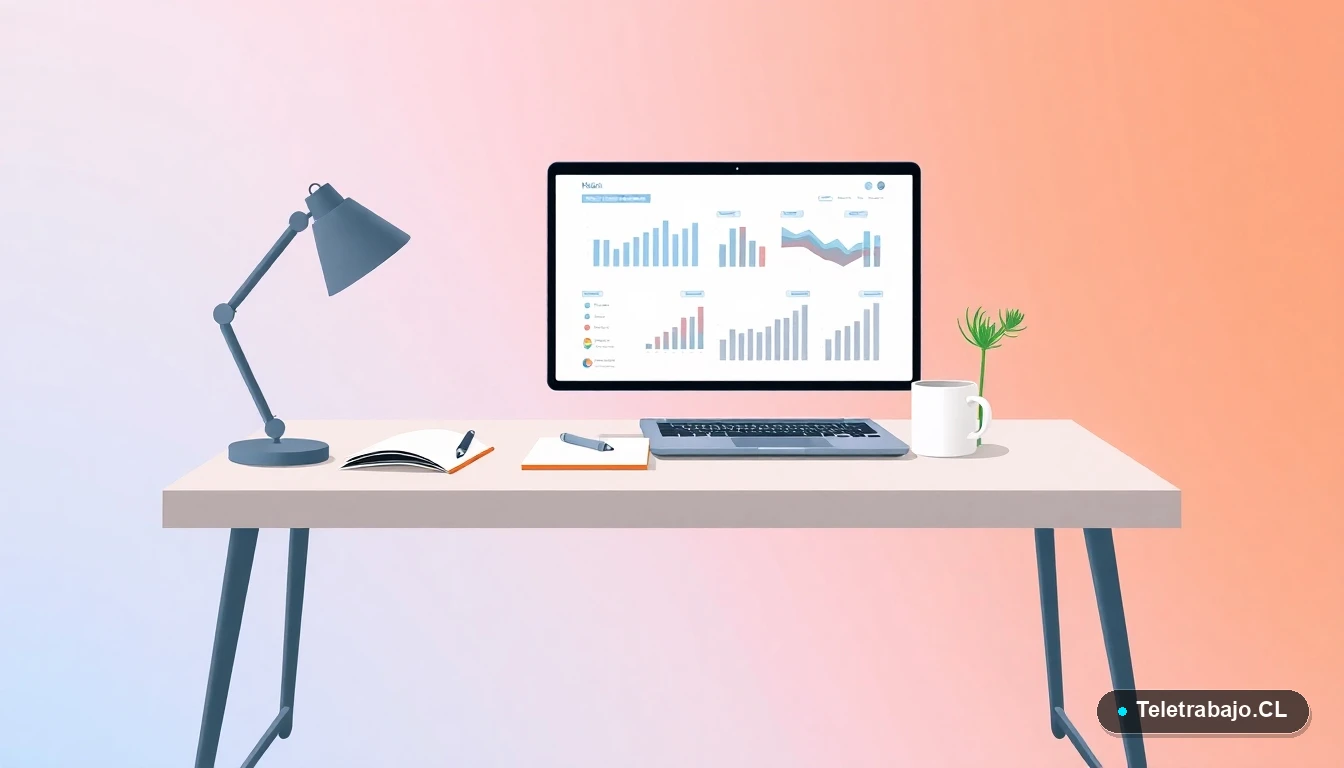 Escritorio moderno minimalista con laptop, taza de café, cuaderno y planta, sobre fondo degradado verde menta. Representa un espacio de trabajo administrativo eficiente y organizado.