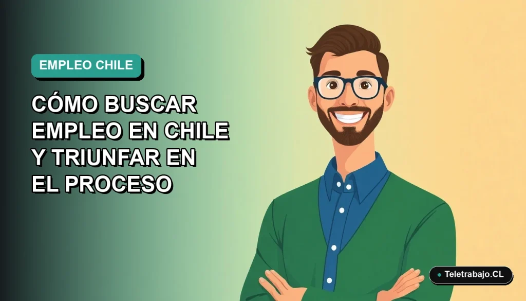 Ilustración plana vectorial de un hombre profesional chileno sonriendo, con camisa azul y suéter verde, sobre fondo degradado de color teal. Concepto de búsqueda de trabajo y éxito laboral.