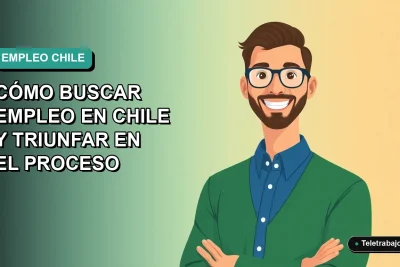 Ilustración plana vectorial de un hombre profesional chileno sonriendo, con camisa azul y suéter verde, sobre fondo degradado de color teal. Concepto de búsqueda de trabajo y éxito laboral.