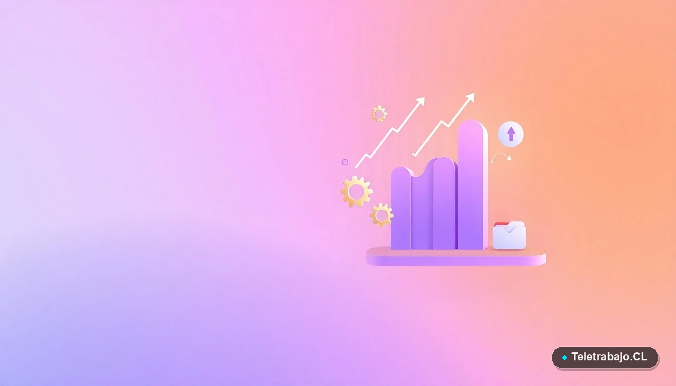 Ilustración abstracta de interfaz de usuario tecnológica con gráficos flotantes, engranajes y carpetas, en colores lavanda y durazno, sobre fondo degradado. Concepto de procesos, datos y organización para la búsqueda de empleo.
