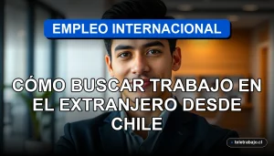 Guía para buscar trabajo en el extranjero desde Chile, profesional latino en oficina moderna.