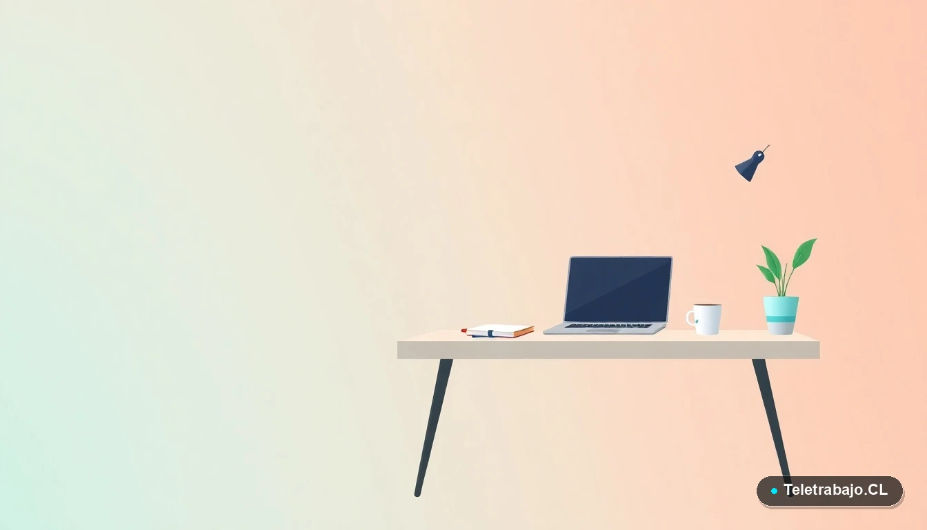 Escritorio moderno y minimalista con laptop, café y planta, representando el cálculo de antigüedad laboral en un entorno de trabajo remoto.