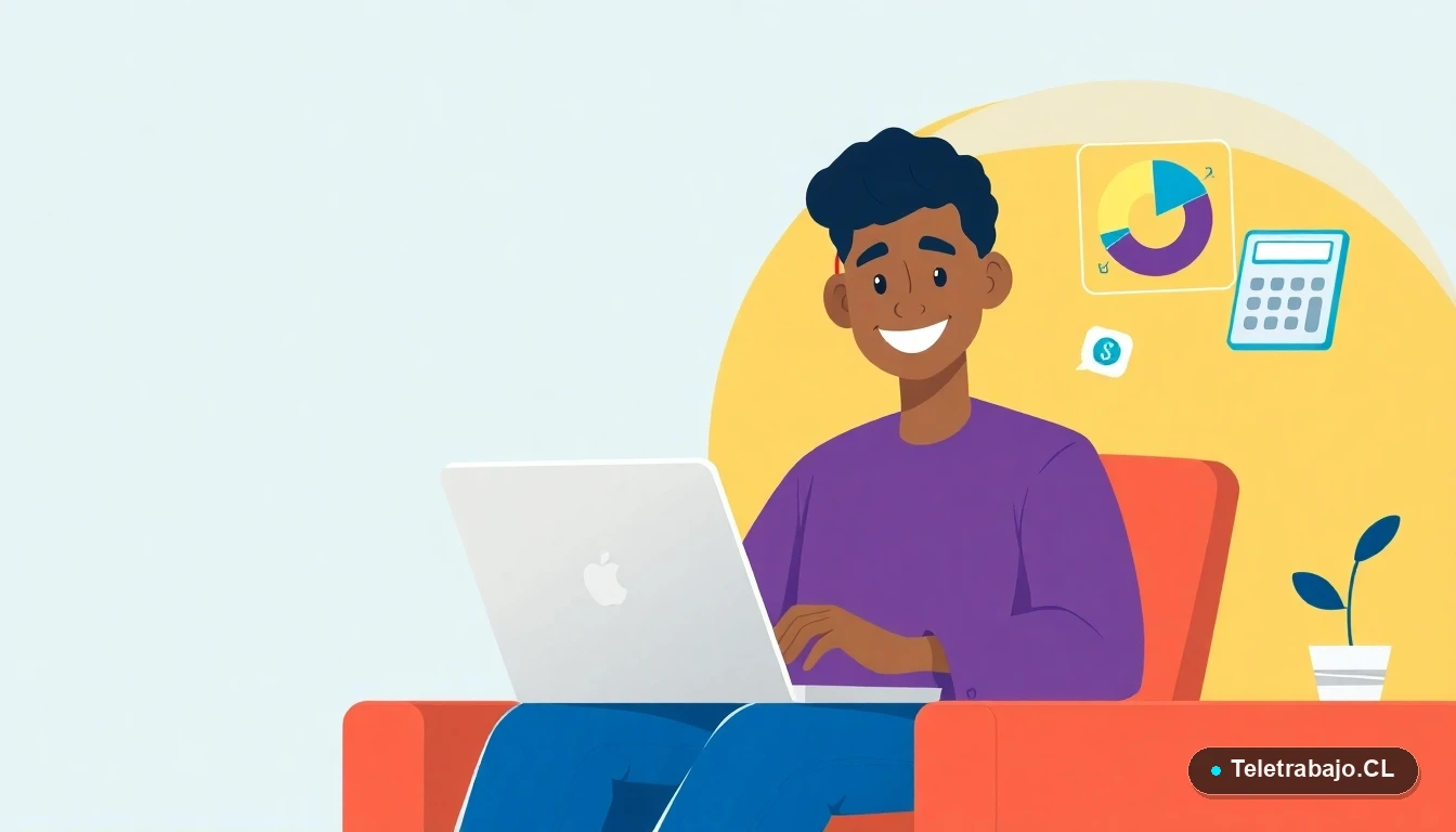 Profesional en teletrabajo calculando su APV para el seguro de cesantía con gráficos y herramientas digitales.