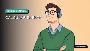 Ilustración vectorial plana moderna de un trabajador masculino en estilo Corporate Memphis, calculando su sueldo para una semana laboral de 4 días en Chile. Fondo con gradiente suave de color teal.
