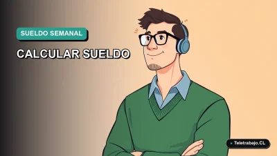 Ilustración vectorial plana moderna de un trabajador masculino en estilo Corporate Memphis, calculando su sueldo para una semana laboral de 4 días en Chile. Fondo con gradiente suave de color teal.