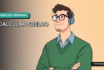 Ilustración vectorial plana moderna de un trabajador masculino en estilo Corporate Memphis, calculando su sueldo para una semana laboral de 4 días en Chile. Fondo con gradiente suave de color teal.