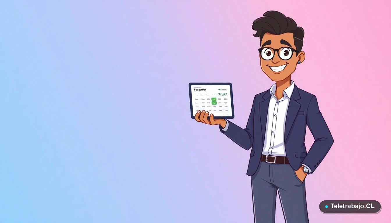 Profesional chileno calculando sueldo para semana laboral de 4 días en tablet.