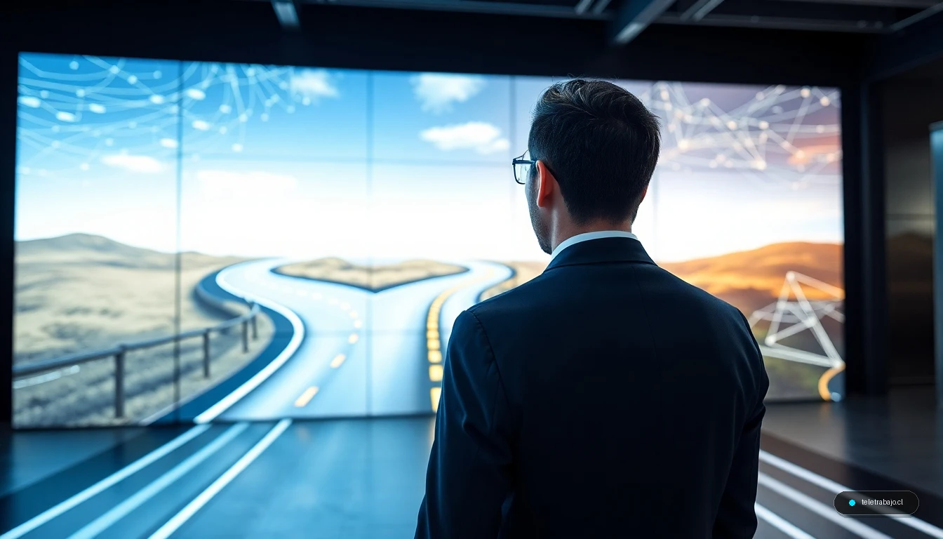 Profesional evaluando un cambio de carrera en una pantalla digital con dos caminos divergentes