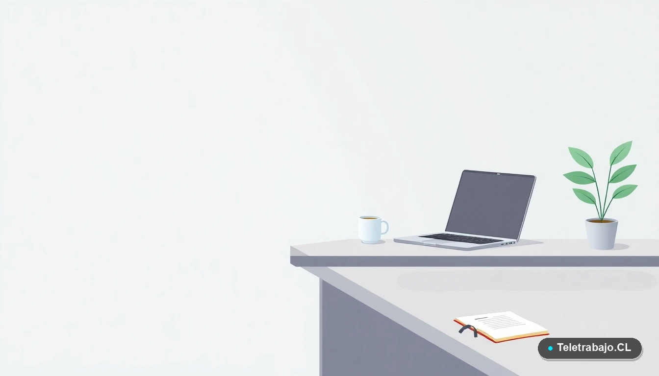 Escritorio moderno minimalista con laptop, cuaderno y café, ilustración plana con fondo degradado, concepto de preparación profesional.