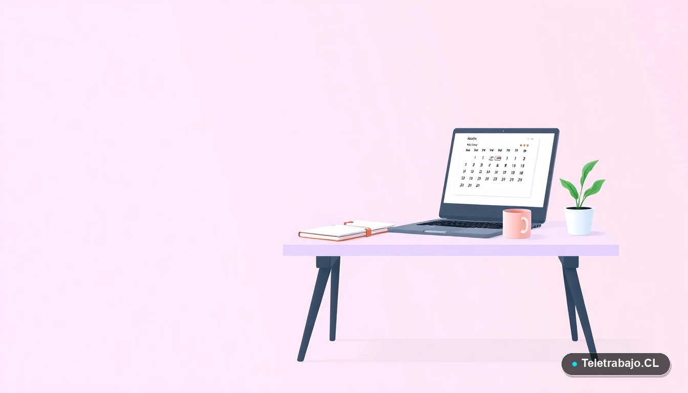 Escritorio moderno minimalista con laptop, cuaderno, planta y taza de café, sobre fondo degradado lila, concepto de espacio de trabajo organizado.