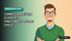 Ilustración plana vectorial de un hombre freelance chileno sonriendo, con fondo degradado azul verdoso. Guía para freelancers.