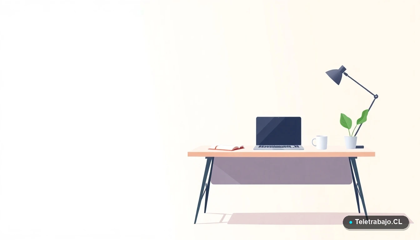 Escritorio moderno minimalista para freelancers con laptop, cuaderno y café, ilustración plana con fondo degradado menta.