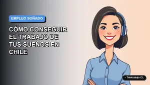 Ilustración plana corporativa de una mujer profesional chilena sonriente, con blusa azul y corte de pelo bob, sobre fondo degradado azul y blanco. Concepto de guía de empleo.