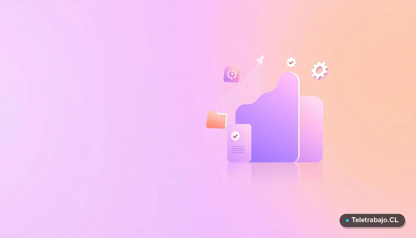 Composición abstracta de interfaz de usuario con gráficos flotantes, engranajes y carpetas en tonos lavanda y durazno, sobre fondo degradado. Representación visual de tecnología y productividad.