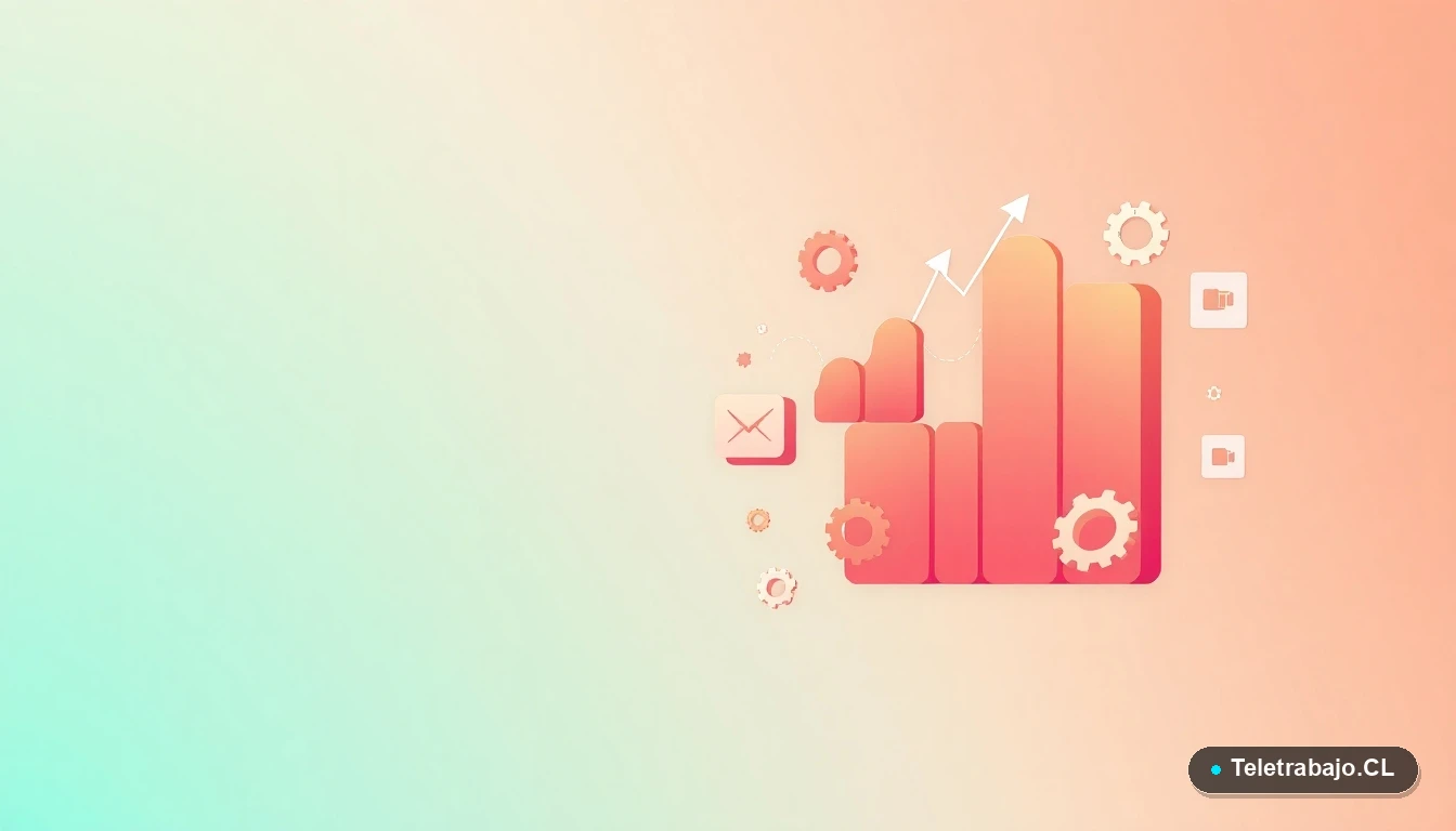 Composición abstracta de interfaz de usuario con gráficos, engranajes y carpetas flotantes en colores vibrantes, sobre fondo degradado menta, para artículo sobre estrategias de búsqueda de empleo.