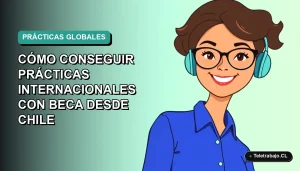 Ilustración plana vectorial de una mujer profesional chilena sonriente, con blusa azul y lentes, sobre fondo degradado verde azulado. Representa la guía para conseguir prácticas con beca en el extranjero.