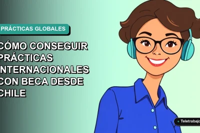 Ilustración plana vectorial de una mujer profesional chilena sonriente, con blusa azul y lentes, sobre fondo degradado verde azulado. Representa la guía para conseguir prácticas con beca en el extranjero.