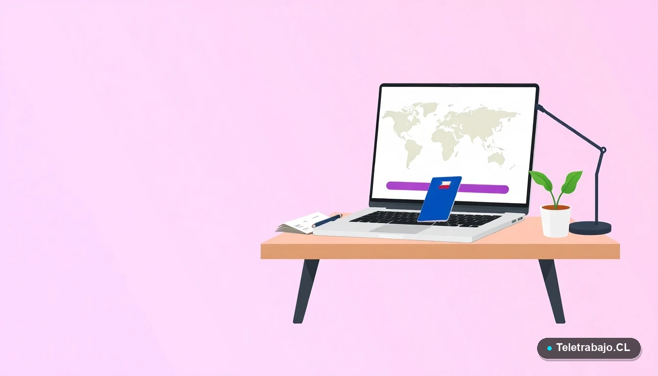 Escritorio moderno minimalista con laptop mostrando mapa mundial, pasaporte chileno y boleto de avión, sobre fondo degradado lila y durazno. Concepto de preparación para prácticas profesionales en el extranjero.