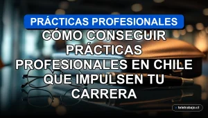 Guía para conseguir prácticas profesionales en Chile en 2026, con elementos de oficina corporativa de lujo sobre una mesa de cristal.