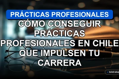 Guía para conseguir prácticas profesionales en Chile en 2026, con elementos de oficina corporativa de lujo sobre una mesa de cristal.