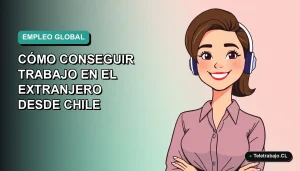 Ilustración plana vectorial de una mujer profesional chilena sonriendo, con fondo degradado azul verdoso, para guía de trabajo en el extranjero.