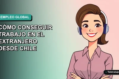 Ilustración plana vectorial de una mujer profesional chilena sonriendo, con fondo degradado azul verdoso, para guía de trabajo en el extranjero.