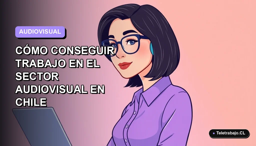 Ilustración vectorial plana de una mujer profesional con blusa lila trabajando en el sector audiovisual en Chile, fondo degradado lavanda.