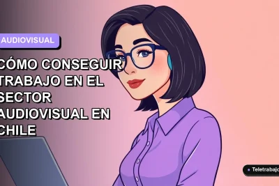 Ilustración vectorial plana de una mujer profesional con blusa lila trabajando en el sector audiovisual en Chile, fondo degradado lavanda.