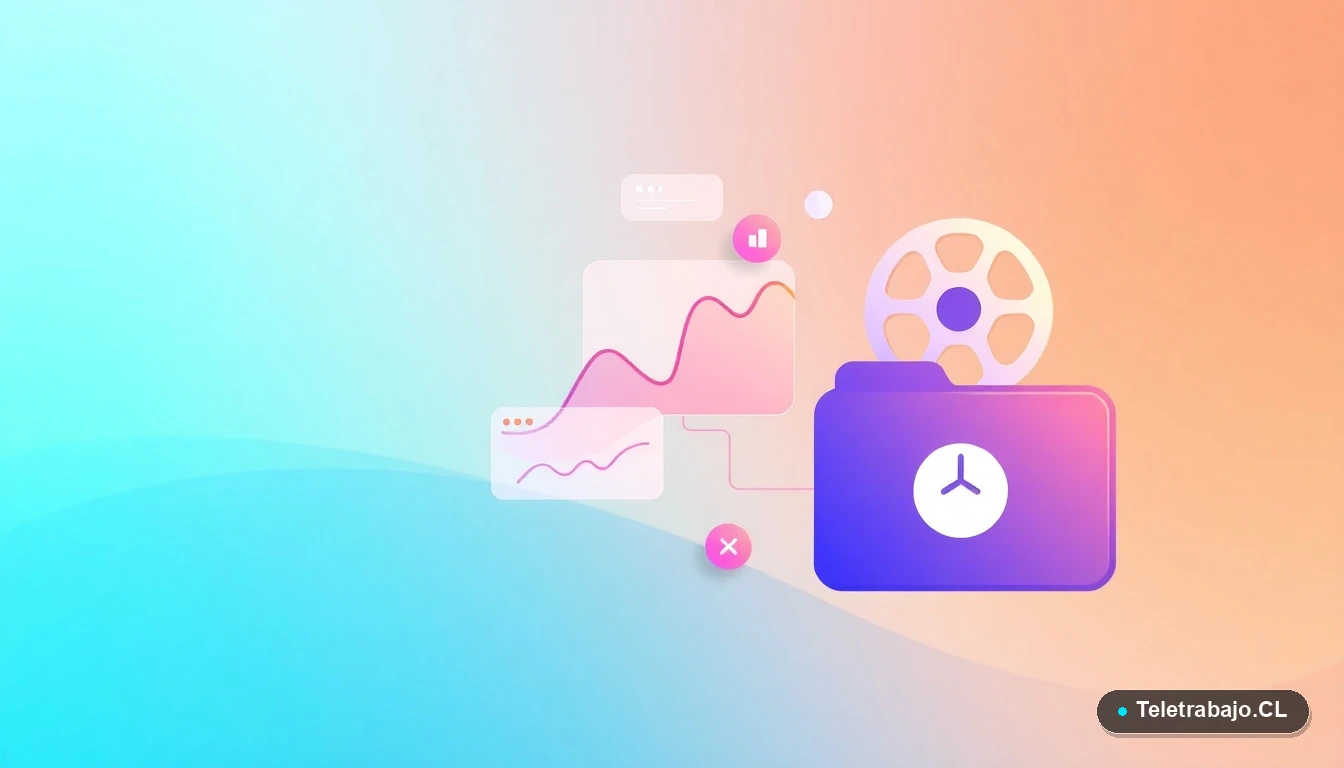 Elementos de interfaz de usuario abstractos y modernos, gráficos flotantes y iconos digitales sobre fondo degradado azul verdoso.